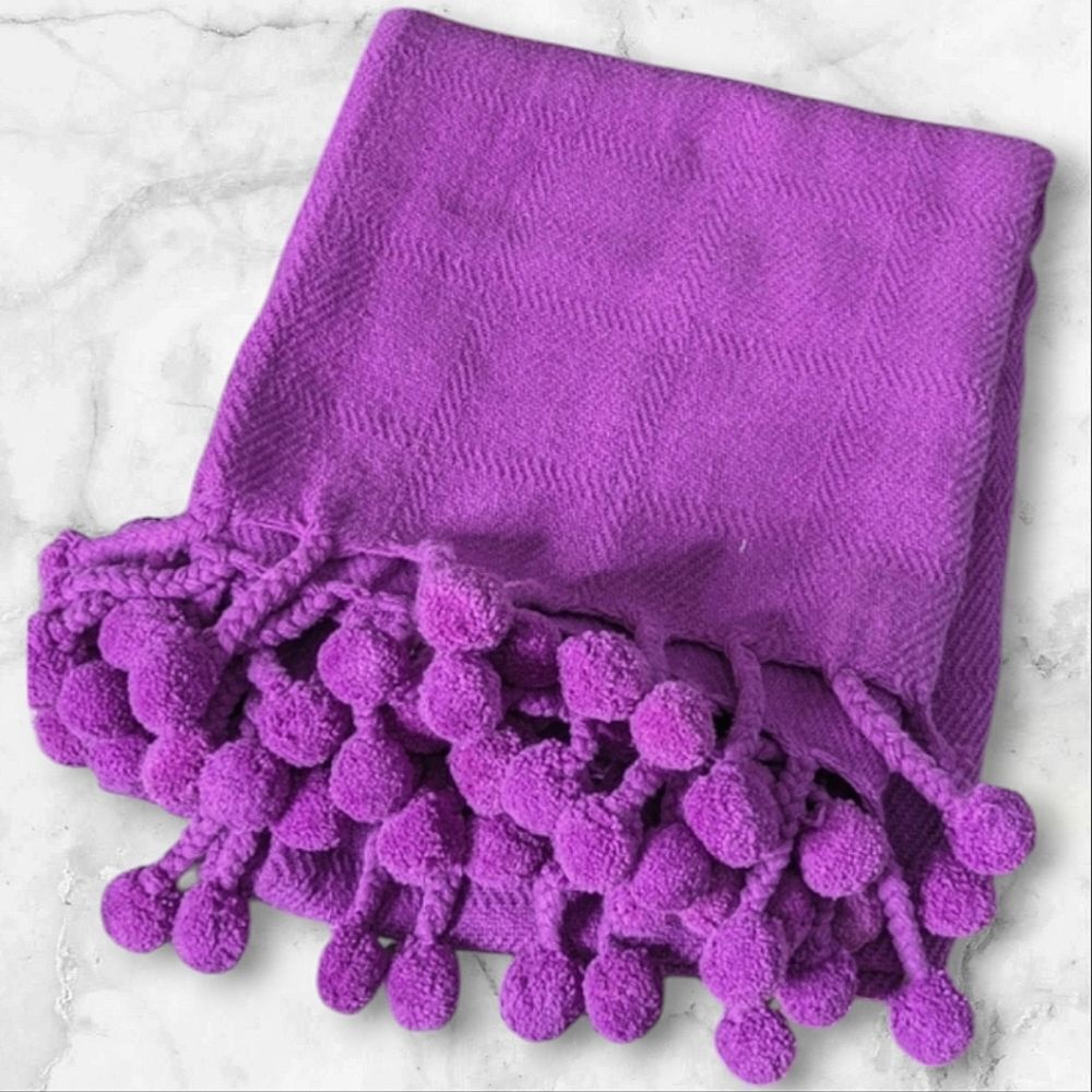 Karma Living Textured Purple Woven Cotton Sofa Throw With Large Pom Pom Fringe